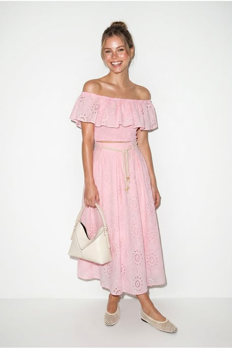 Embroidered Off-shoulder Blouse And Midi Skirt Set - Image 3