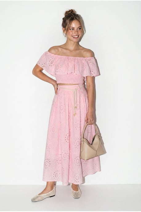 Embroidered Off-shoulder Blouse And Midi Skirt Set - Image 4