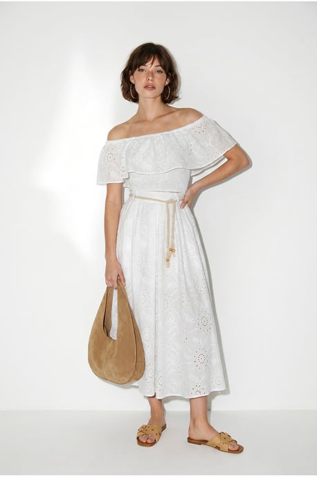 Embroidered Off-shoulder Blouse And Midi Skirt Set - Image 3