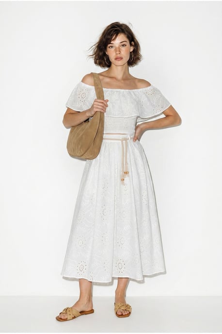 Embroidered Off-shoulder Blouse And Midi Skirt Set - Image 4
