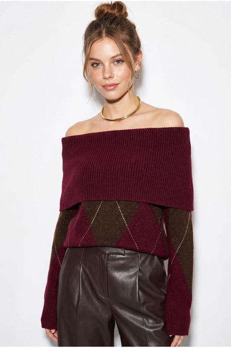 Madonna Collar Knitted Sweater with Baklava Pattern - Image 2