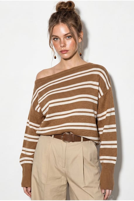 Off Shoulder Striped Ribbed Sweater - Image 2