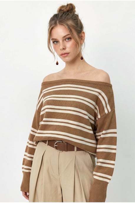 Off Shoulder Striped Ribbed Sweater - Image 3