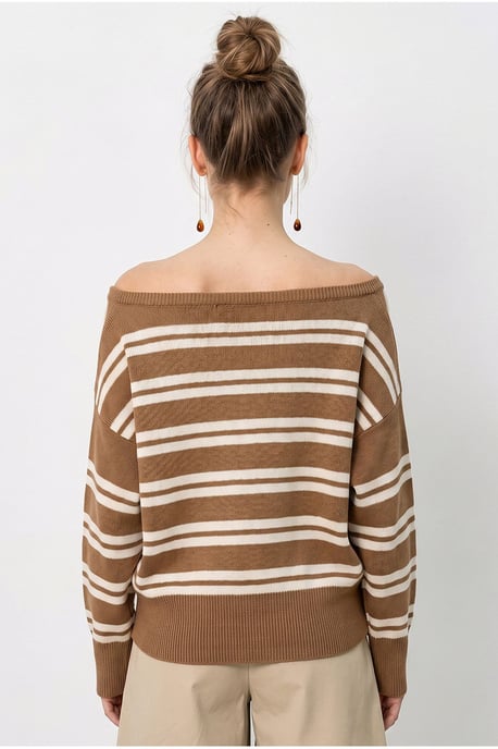 Off Shoulder Striped Ribbed Sweater - Image 6
