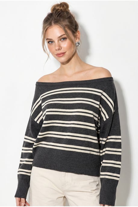 Off Shoulder Striped Ribbed Sweater - Image 2