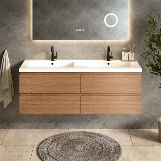 Mirlux Badkamermeubel arato 140cm 2 kraangaten warm eiken wastafel wit - Image 1