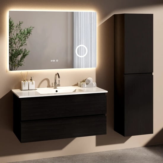 Mirlux Badkamermeubelset liora 100cm zwart eiken wastafel wit - Image 1