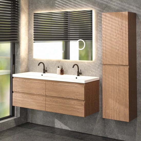 Mirlux Badkamermeubel arato 140cm 2 kraangaten warm eiken wastafel wit - Image 3