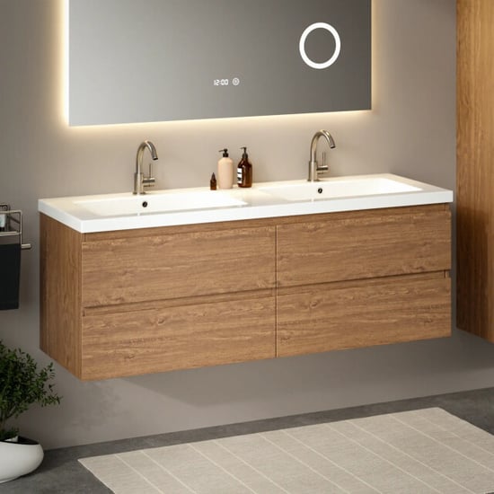 Mirlux Badkamermeubel arato 140cm 2 kraangaten warm eiken wastafel wit - Image 5