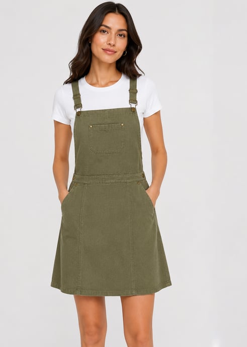 Khaki Suede Dungaree Pinafore Dress - Image 1