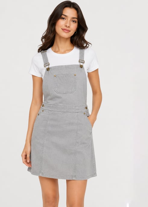 Grey Square Neck Suede Pinafore Skater Bib Mini Dress - Image 1