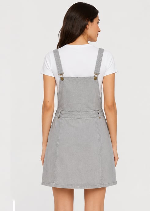 Grey Square Neck Suede Pinafore Skater Bib Mini Dress - Image 2