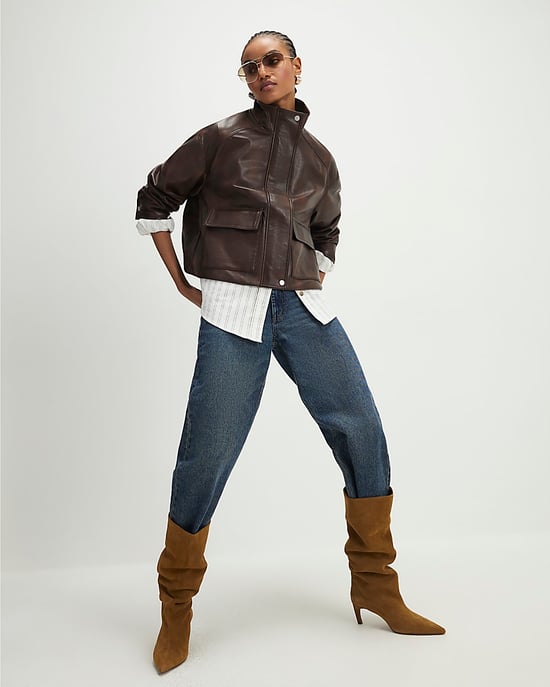 River Island Womens Bomber Jacket Brown Faux Leather Funnel Neck - Image 1