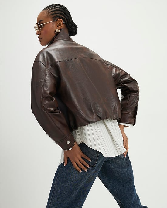 River Island Womens Bomber Jacket Brown Faux Leather Funnel Neck - Image 3