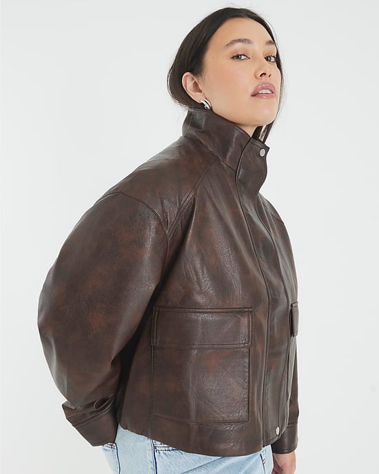 River Island Womens Bomber Jacket Brown Faux Leather Funnel Neck - Image 4