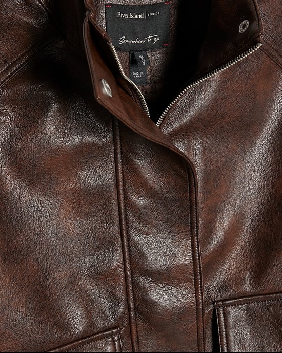 River Island Womens Bomber Jacket Brown Faux Leather Funnel Neck - Image 6