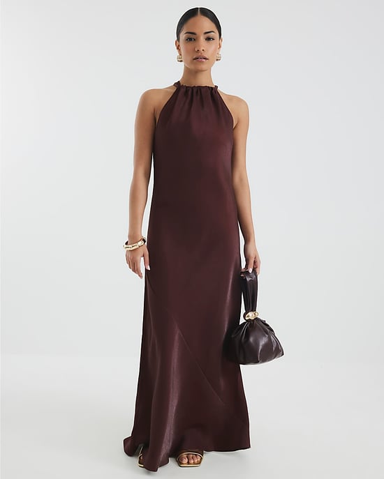 River Island Womens Maxi Dress Petite Brown Satin Halter Neck - Image 1