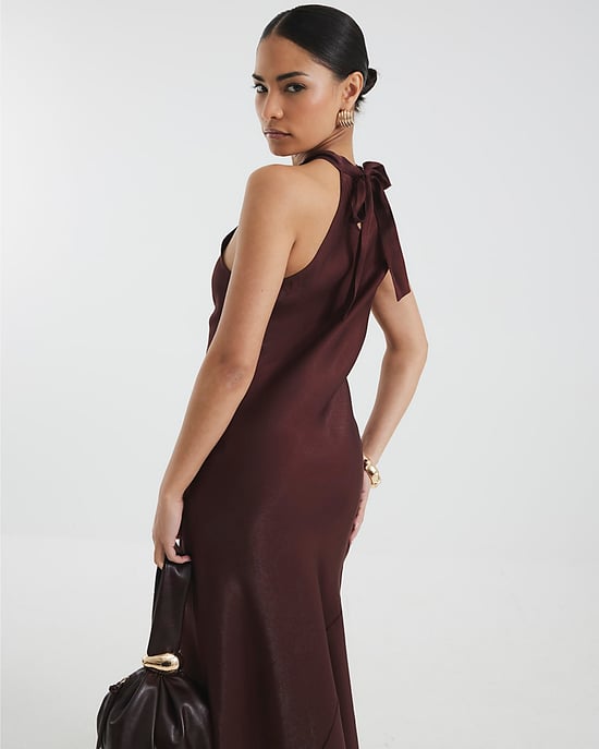 River Island Womens Maxi Dress Petite Brown Satin Halter Neck - Image 3