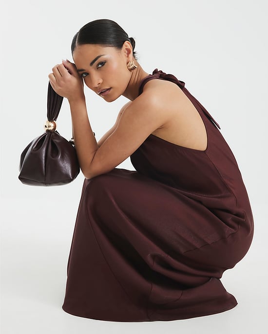 River Island Womens Maxi Dress Petite Brown Satin Halter Neck - Image 4