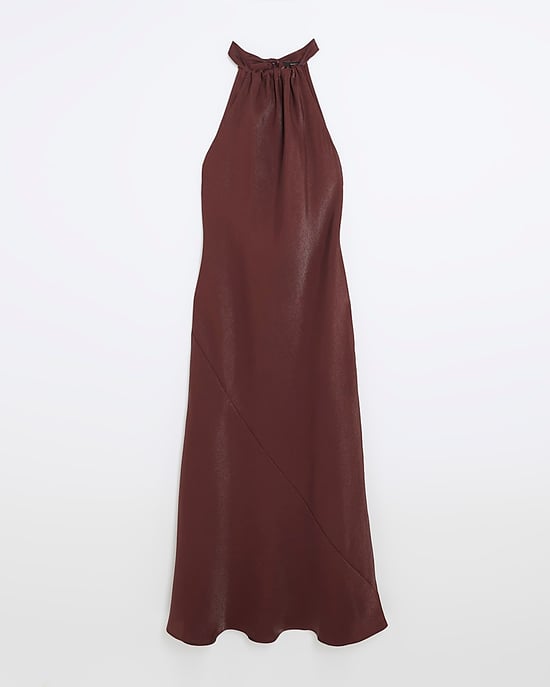 River Island Womens Maxi Dress Petite Brown Satin Halter Neck - Image 6