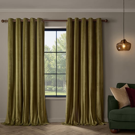 Paoletti Regency Stripe Velvet Fully Lined Eyelet Curtain Pair, Olive - Image 2