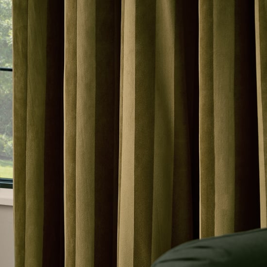 Paoletti Regency Stripe Velvet Fully Lined Eyelet Curtain Pair, Olive - Image 4