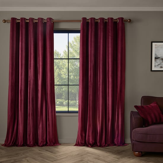 Paoletti Regency Stripe Velvet Fully Lined Eyelet Curtain Pair, Burgundy - Image 2