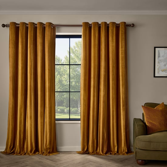 Paoletti Regency Stripe Velvet Fully Lined Eyelet Curtain Pair, Antique Gold - Image 2