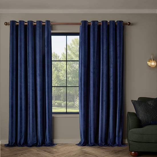 Paoletti Regency Stripe Velvet Fully Lined Eyelet Curtain Pair, Midnight - Image 2