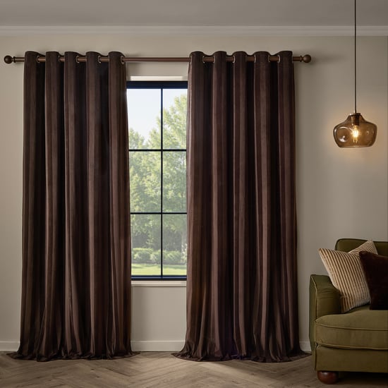 Paoletti Regency Stripe Velvet Fully Lined Eyelet Curtain Pair, Chocolate - Image 2