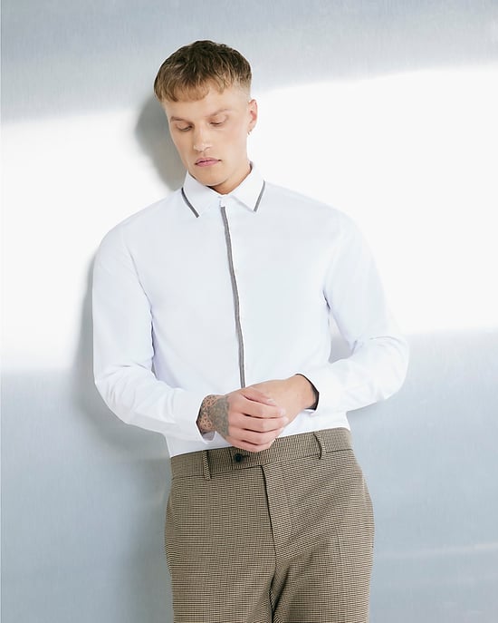 River Island Mens Shirt White Slim Fit Long Sleeved Tipped - Image 1