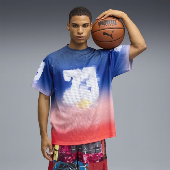Men's Puma Hooptopia Sunset Hoops Jersey Short Sleeve Performance T-Shirt in Persian Blue - Image 3