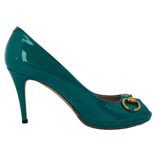 Gucci New Hollywood Horsebit Peep Toe Pumps in Turquoise Patent Leather - Image 1