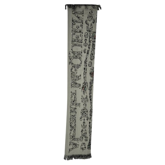 Alexander Mcqueen Printed Fringed Scarf in Grey Wool - Image 1