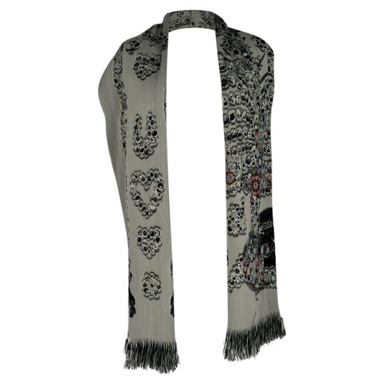 Alexander Mcqueen Printed Fringed Scarf in Grey Wool - Image 2