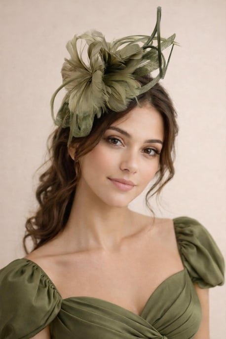 Floral Feather Fascinator with Loops in Olive Green - Image 1