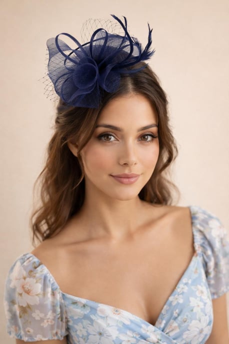 Double Flower Feather Fascinator in Navy - Image 1