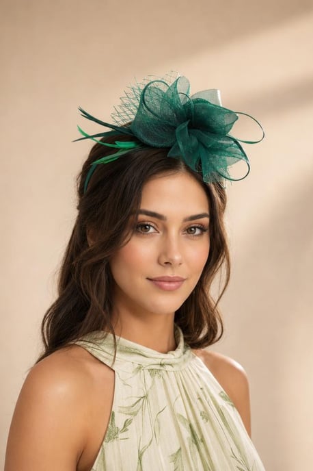 Double Flower Feather Fascinator in Dark Green - Image 1