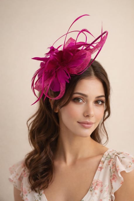 Floral Feather Fascinator with Loops in Fuchsia - Image 1