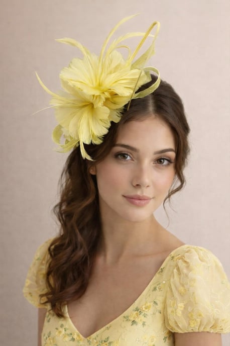 Floral Feather Fascinator with Loops in Yellow - Image 1