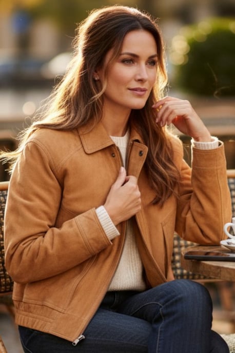 Dames beige leren Biker Blouson Bomber Oversized Jas - Moon - Image 1