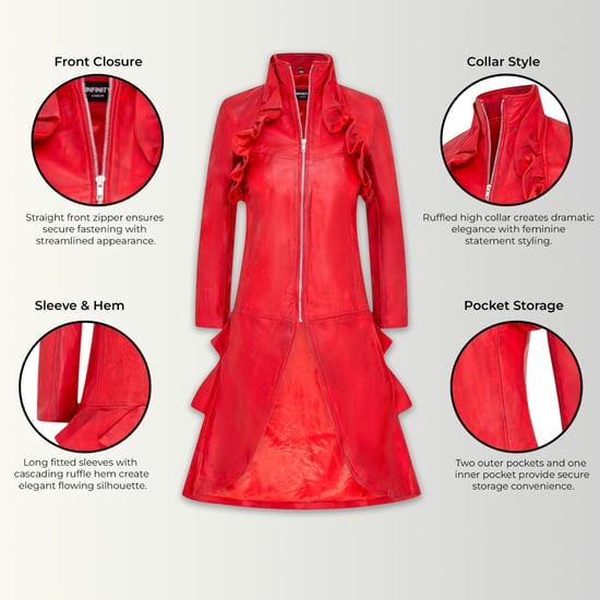 Damer Goth Red Leather High Collar Victorian Flare Frack - Challa - Image 2