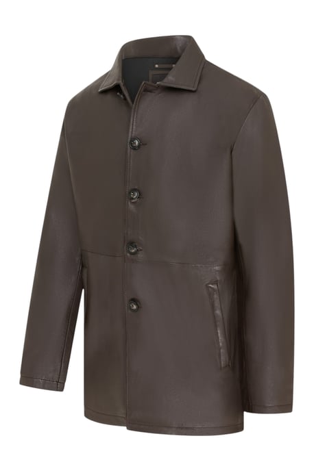 Men's Brown Leather Long Collared Car Coat Jacket - Crest - Image 3
