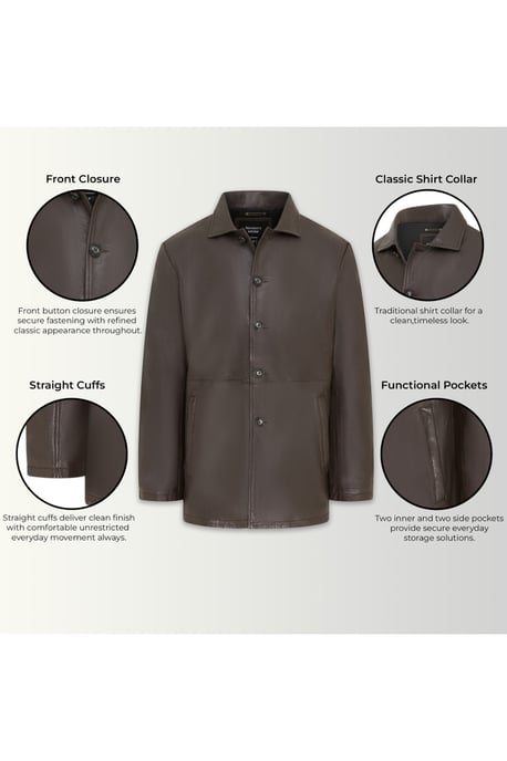 Men's Brown Leather Long Collared Car Coat Jacket - Crest - Image 4