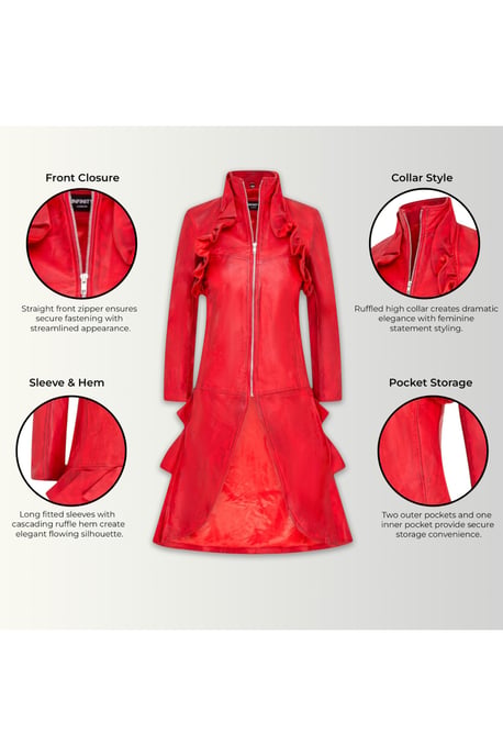Damer Goth Red Leather High Collar Victorian Flare Frack - Everly - Image 4