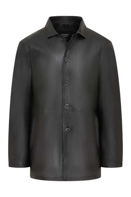 Men's Black Leather Long Collared Car Coat Jacket - Crest - Image 2