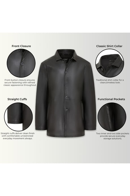 Men's Black Leather Long Collared Car Coat Jacket - Crest - Image 4