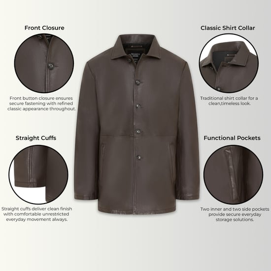 Men's Brown Leather Long Collared Car Coat Jacket - Bergen - Image 3