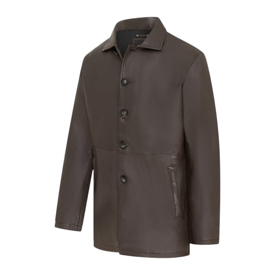 Men's Brown Leather Long Collared Car Coat Jacket - Bergen - Image 4