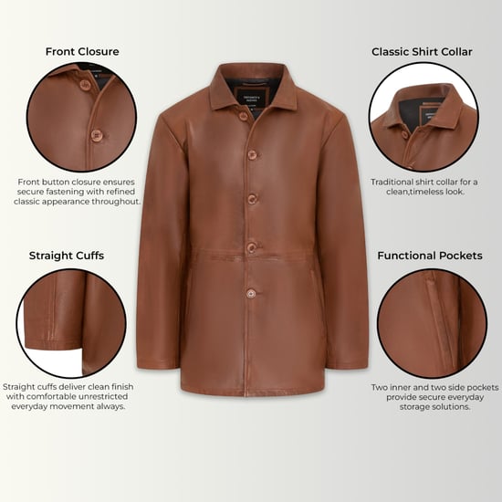 Men's Tan Leather Long Collared Car Coat Jacket - Berry - Image 2